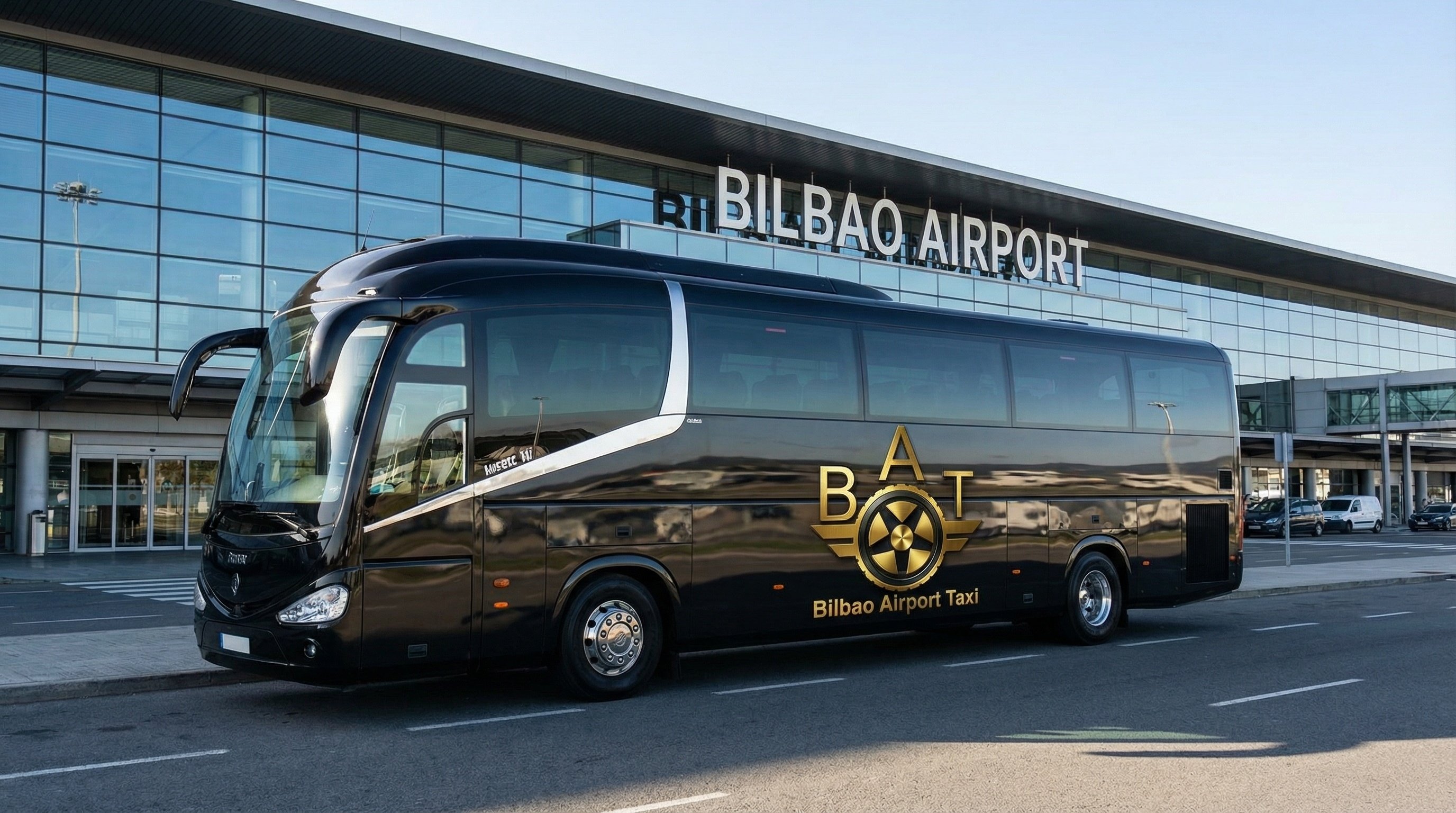 Autobús Negro BAT - 55 Plazas frente al Aeropuerto de Bilbao