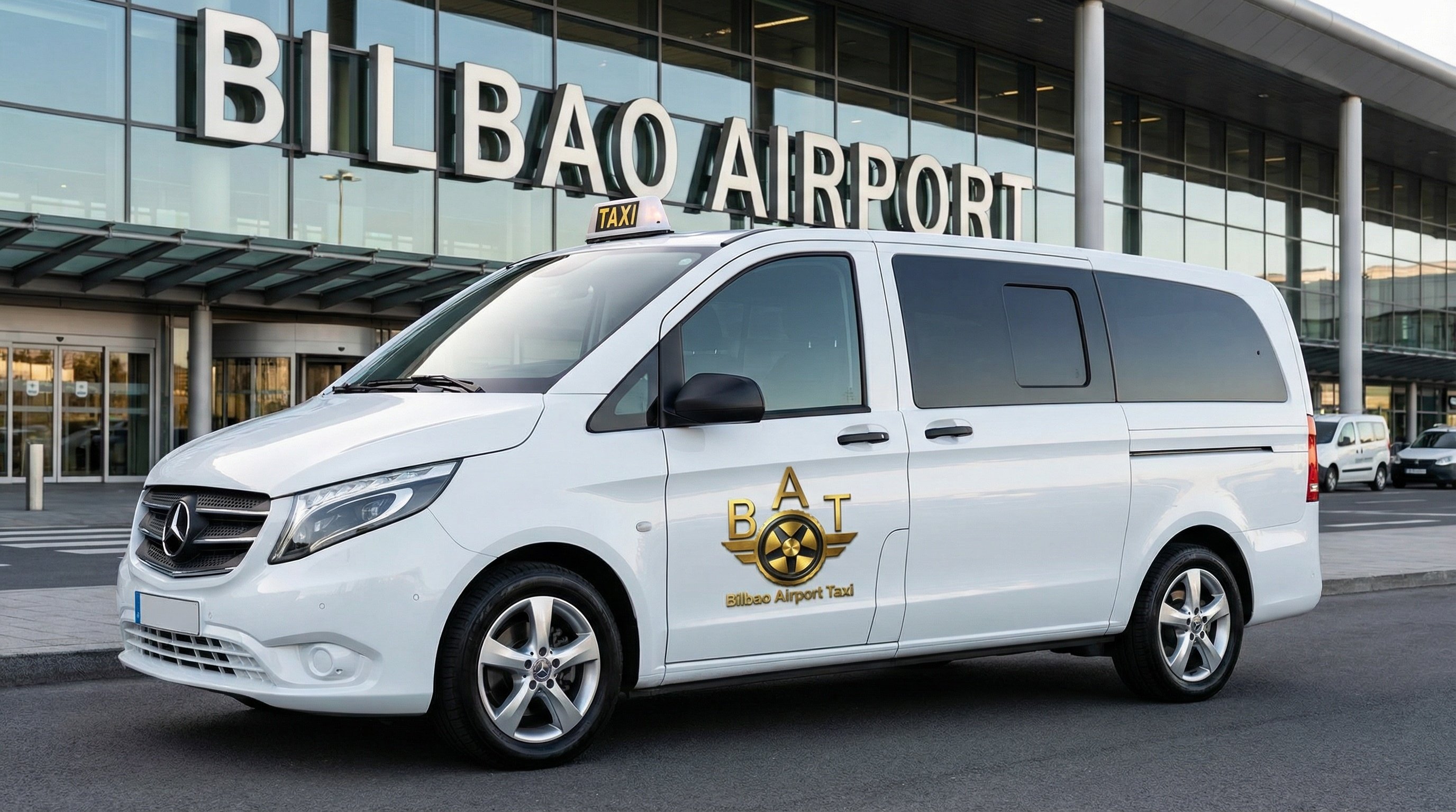 Mercedes Vito Blanca BAT - Minivan 7 Plazas con Logo BAT frente al Aeropuerto de Bilbao